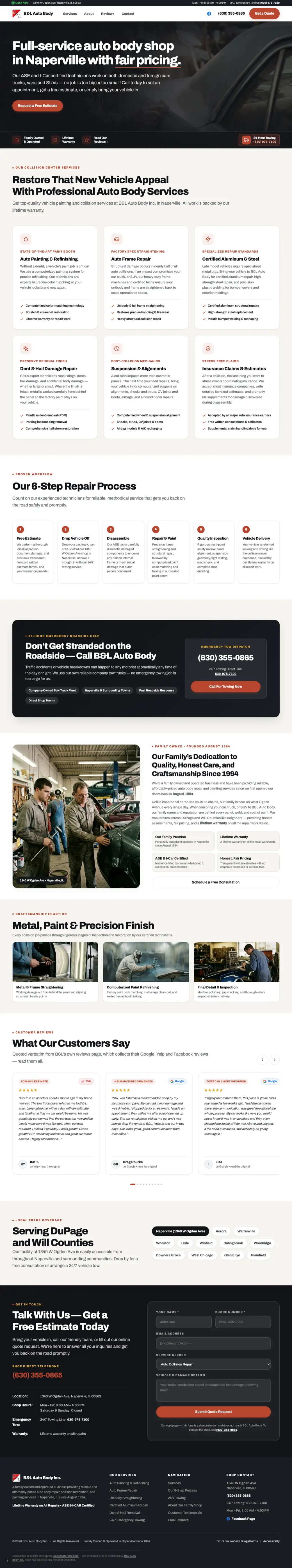B&L Auto Body — the rebuilt website, full page
