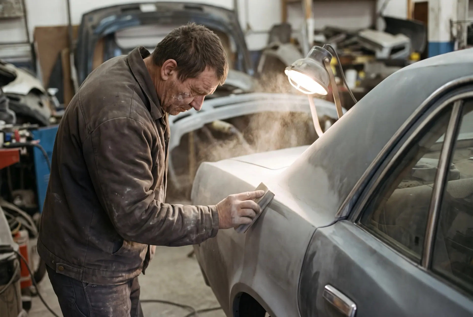 Certified B&L technician block-sanding a vehicle quarter panel in our repair bay
